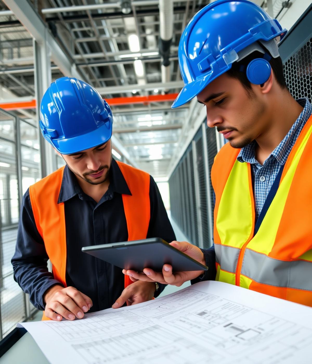 Engenheiros da Celta analisando projeto técnico dentro de um datacenter em obra